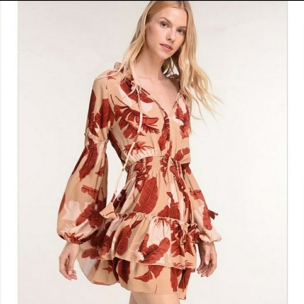 Cottagecore Leaf Print Long Sleeve Dress